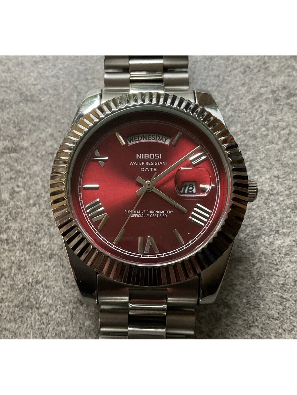 NIBOSI Men's Quartz Day Date Watch 40mm Stainless Steel Case & Band Red Dial B-A